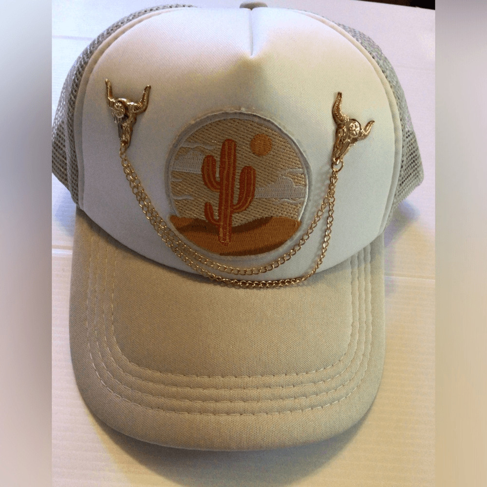 NEW! upcycled Cactus Embroidered Cap with Gold Chain